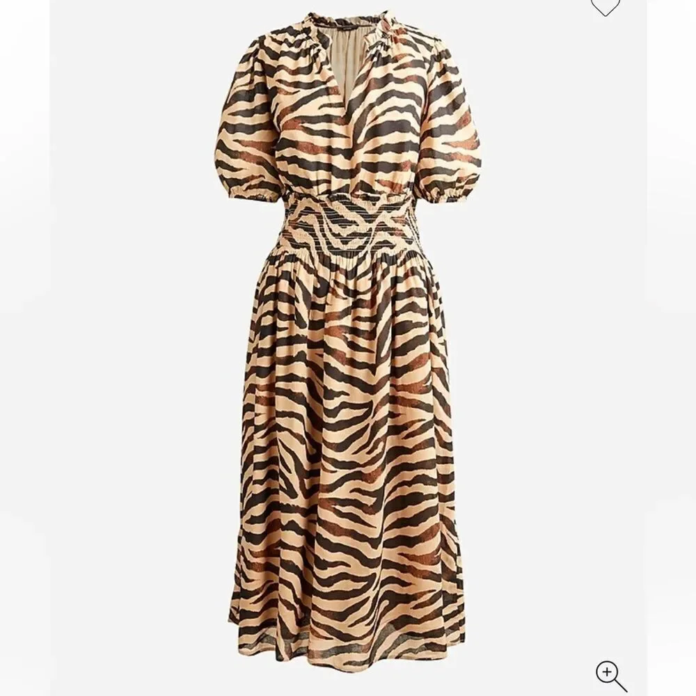 J. Crew Midi Dress Women's Zebra Print Smocked Waist Short Sleeve Sz Small NWT